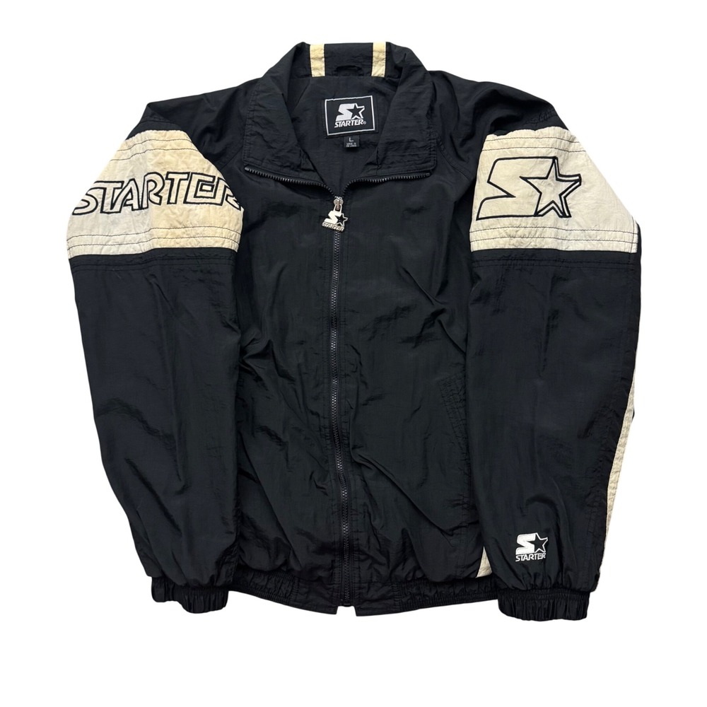 Vintage Starter Windbreaker Jacket Black Cream Full Zip Big Logo 90s Sportswear